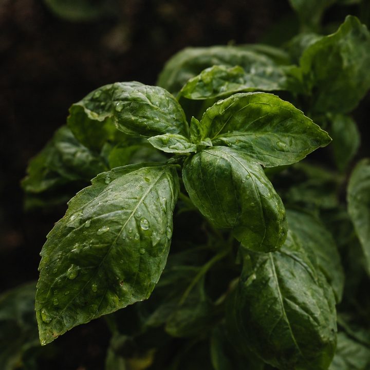 Fresh green leaves with water droplets.