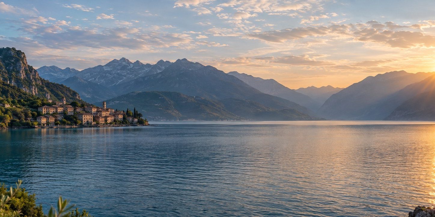 An Italian lake at sunset, a village on the far shore under the mountains.