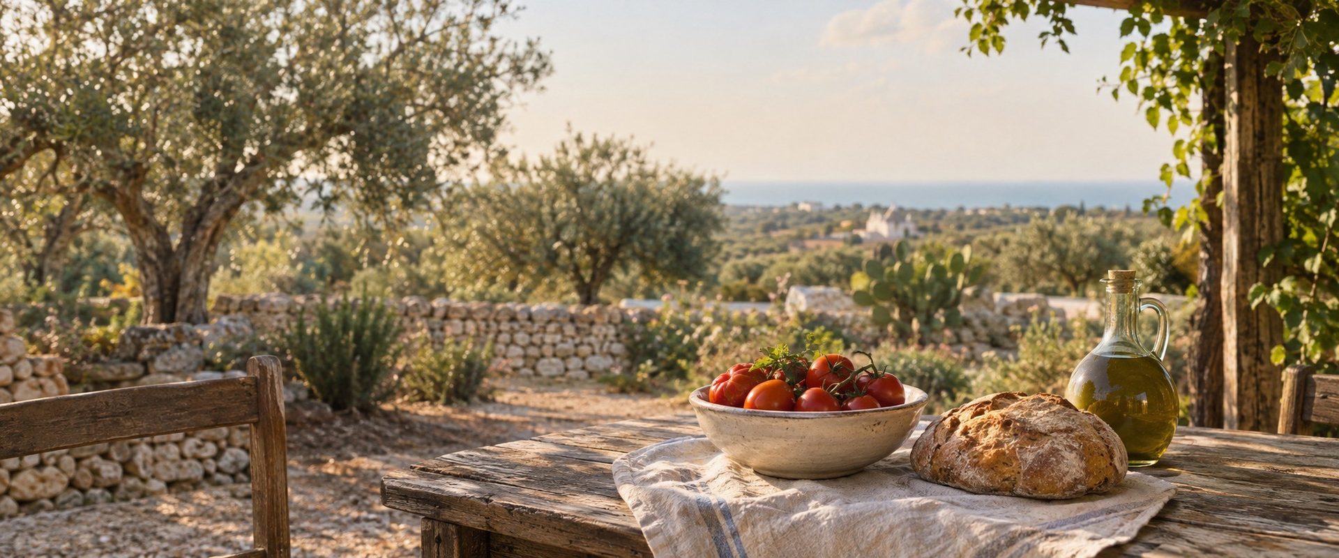 A sunlit table in a southern Italian garden under the olive trees, the sea beyond.